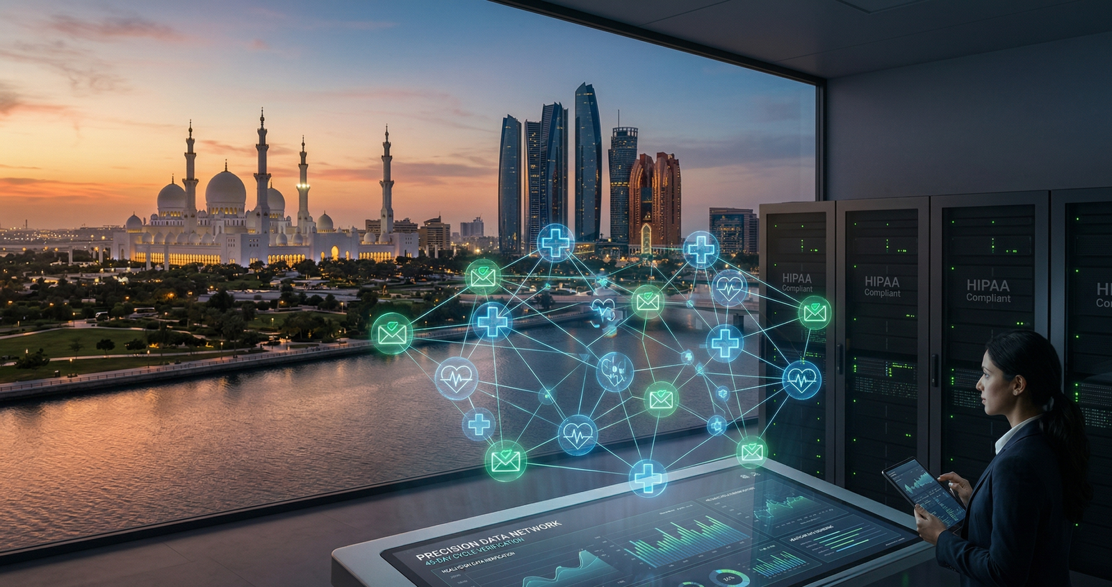 Photograph of a data analyst working on a futuristic interface displaying medical and contact data, with the Sheikh Zayed Grand Mosque in the Abu Dhabi skyline visible through a large window.